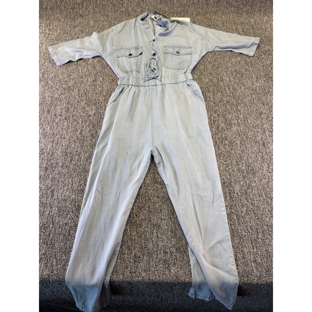 Emory Park Chambray Jumpsuit Womens Small Blue Cinched Tie Waist Straight Leg